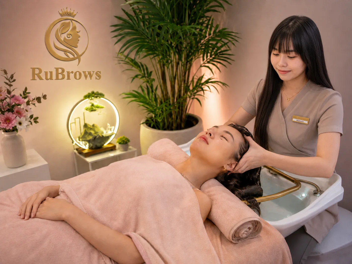 Michelle providing a Japanese-style head spa treatment at RuBrows on Montgomery Road